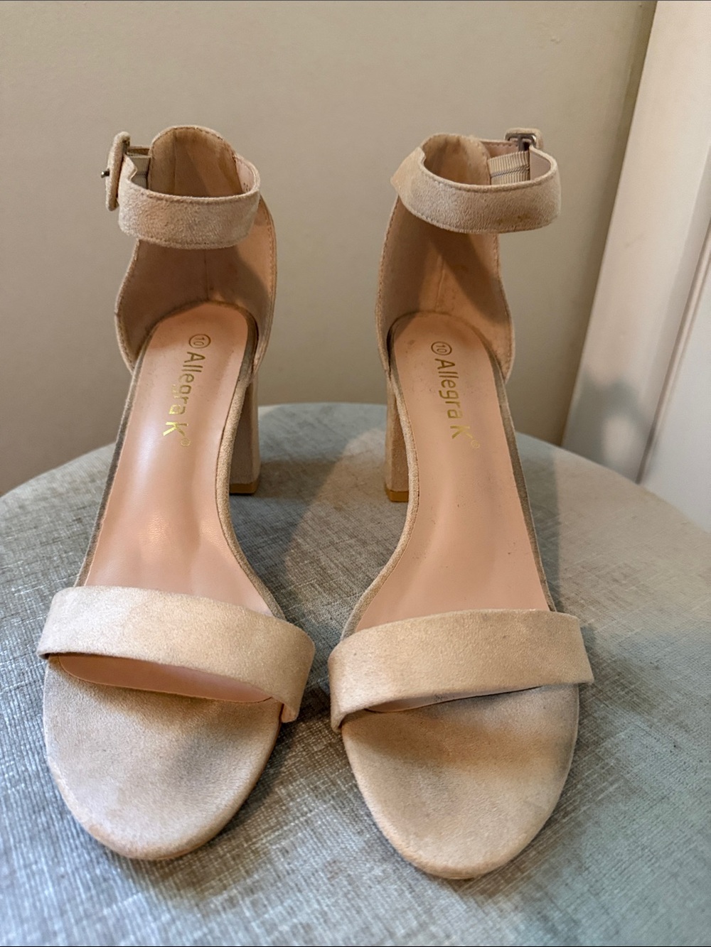 Allegra K Nude Suede Ankle Strap Block Heel Sandals